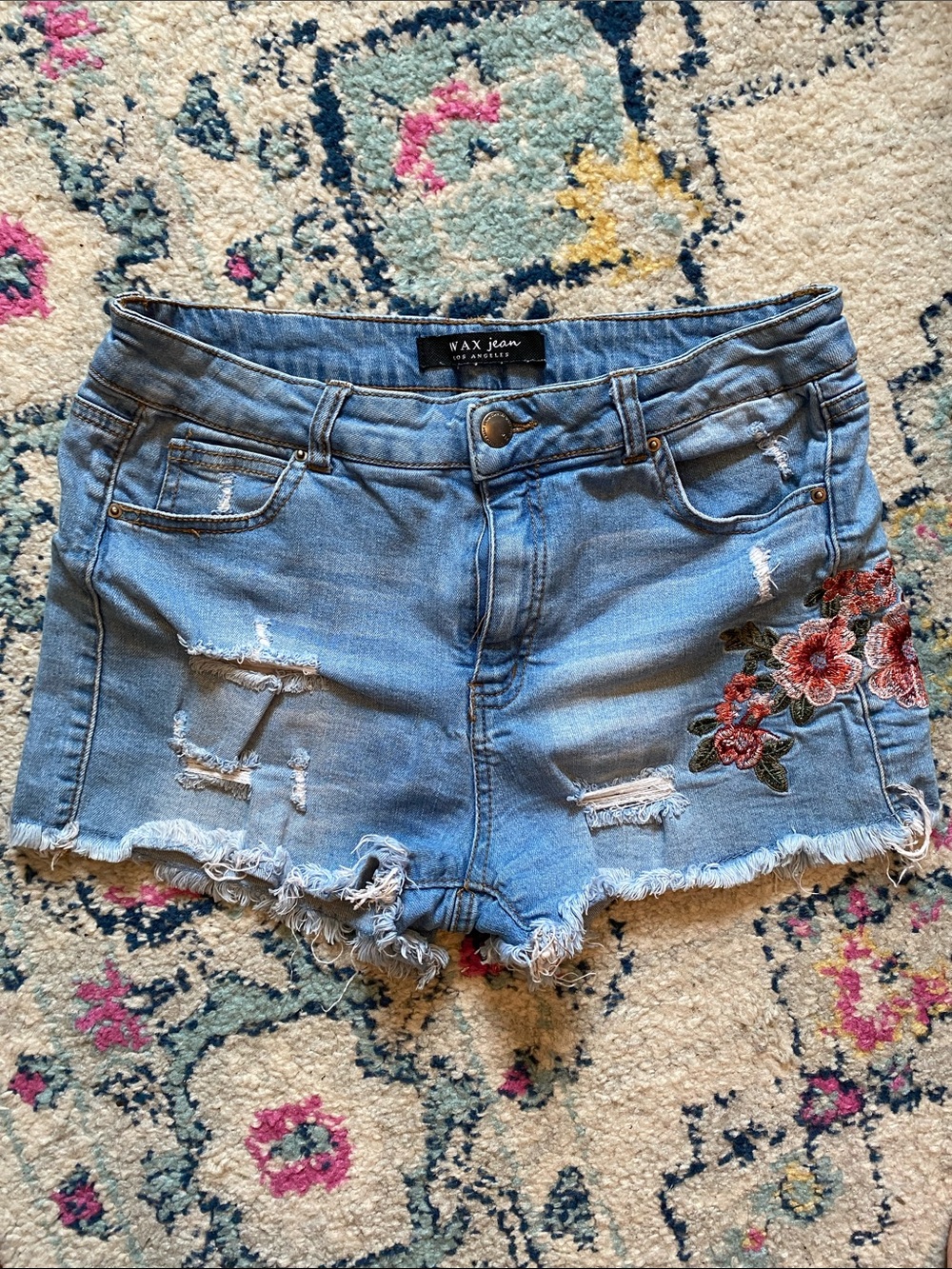 Wax Jean Faded Blue Distressed Denim Shorts with Floral Patch